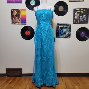 Tally Taylor | Blue Mesh & Lace Prom Dress